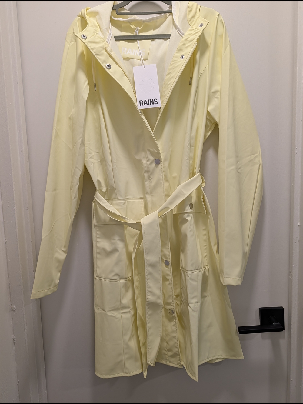 NWT RAINS Women's Pale Yellow Hoded Belted Trench Rain Coat, Size Large